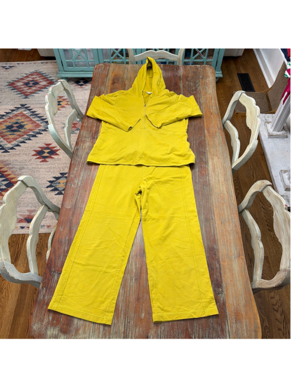 J.Jill 100% Cotton Tracksuit Set Chartreuse Half Zip Hoodie XL Cropped Pants M